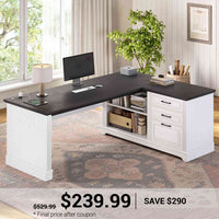 SEDETA 61 Inch Farmhouse  Executive L Shaped Desk with File Drawers Power Outlets Storage Shelves for Home Office