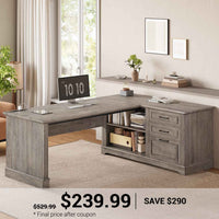 SEDETA 61 Inch Farmhouse  Executive L Shaped Desk with File Drawers Power Outlets Storage Shelves for Home Office