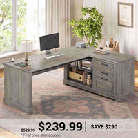 SEDETA 61 Inch Farmhouse  Executive L Shaped Desk with File Drawers Power Outlets Storage Shelves for Home Office