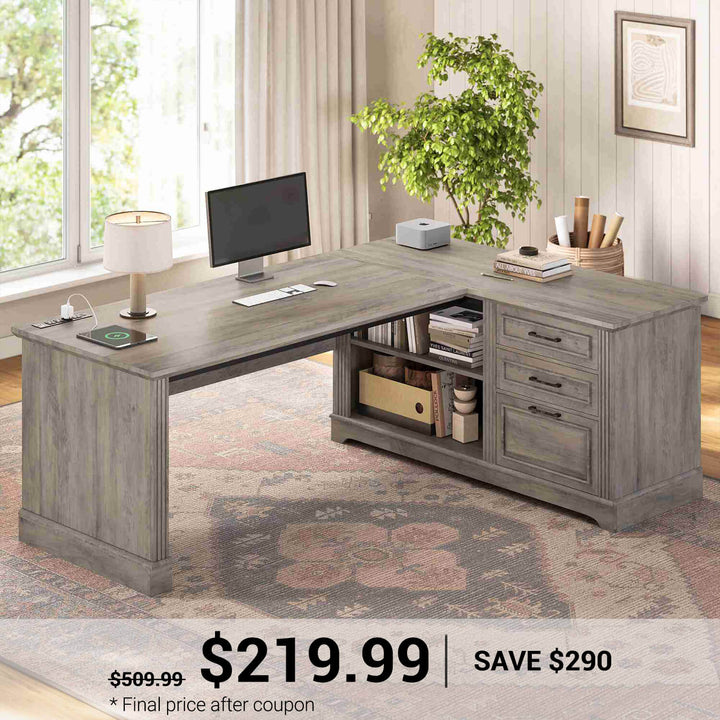 SEDETA® 61 Inch L Shaped Farmhouse Executive Computer Desk with Power Outlets File Drawers and Storage Shelves