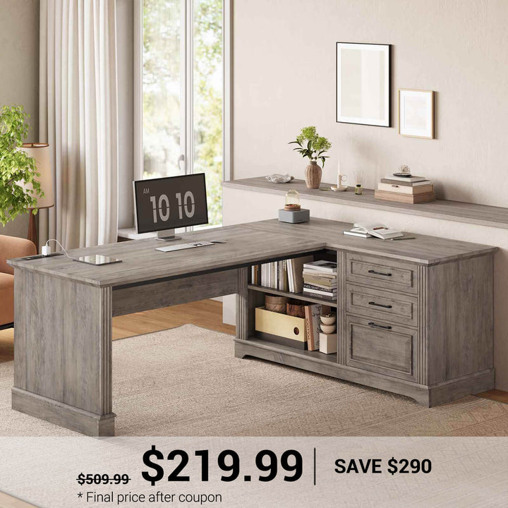 SEDETA® 61 Inch L Shaped Farmhouse Executive Computer Desk with Power Outlets File Drawers and Storage Shelves