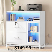 SEDETA 31.5 Inch File Cabinet with LED Lights Charging Station 2 Drawer Filing Display Cabinets with Lock