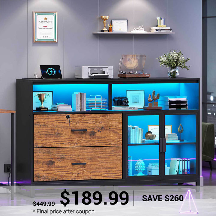 SEDETA | 59 Inch 2 Drawers File Cabinet Display Cabinet with Lock and Power Outlets Printer Stand with Storage