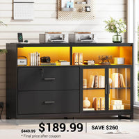 SEDETA | 59 Inch 2 Drawers File Cabinet Display Cabinet with Lock and Power Outlets Printer Stand with Storage