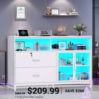 SEDETA 59 Inch File Cabinet Display Cabinet with LED Lights Power Strip for Home Office Fit Legal/Letter/A4 File