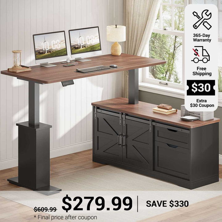 SEDETA 55 Inch Height Adjustable Electric Standing Desk Farmhouse L-Shaped Computer Desk with Storage Drawers Power Outlets