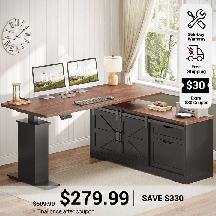 SEDETA 55 Inch Height Adjustable Electric Standing Desk Farmhouse L-Shaped Computer Desk with Storage Drawers Power Outlets