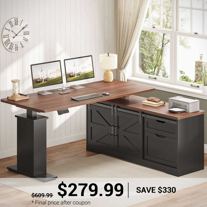 SEDETA 55 Inch Height Adjustable Electric Standing Desk Farmhouse L-Shaped Computer Desk with Storage Drawers Power Outlets