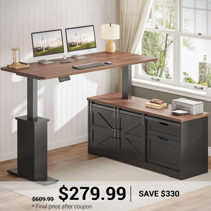 SEDETA 55 Inch Height Adjustable Electric Standing Desk Farmhouse L-Shaped Computer Desk with Storage Drawers Power Outlets