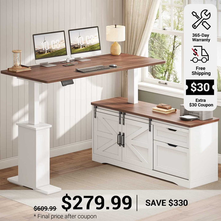 SEDETA 55 Inch Height Adjustable Electric Standing Desk Farmhouse L-Shaped Computer Desk with Storage Drawers Power Outlets