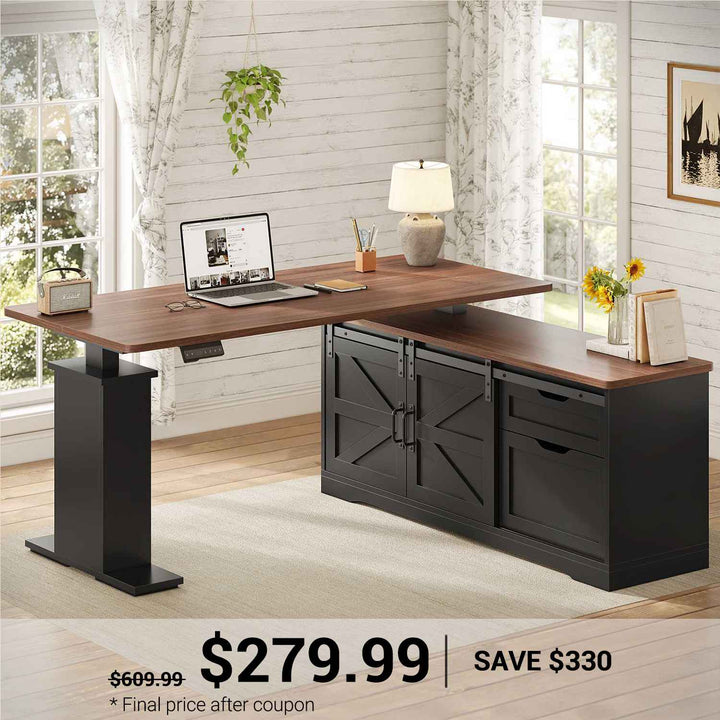 SEDETA 55 Inch Height Adjustable Electric Standing Desk Farmhouse L-Shaped Computer Desk with Storage Drawers Power Outlets