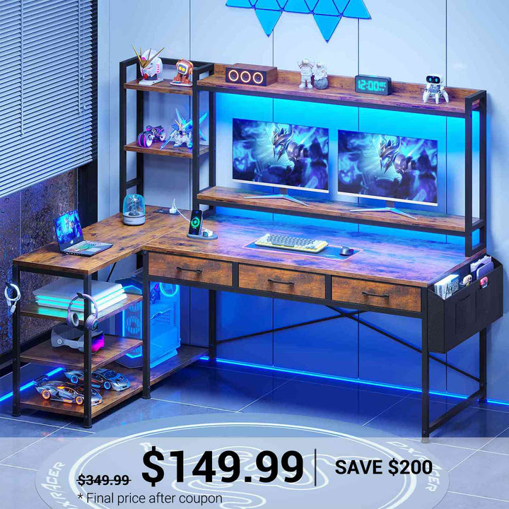 SEDETA 55 Inch Reversible L Shaped Gaming Desk Corner Computer Desk with LED Lights Power Outlets Hutch Drawers and Storage Shelves