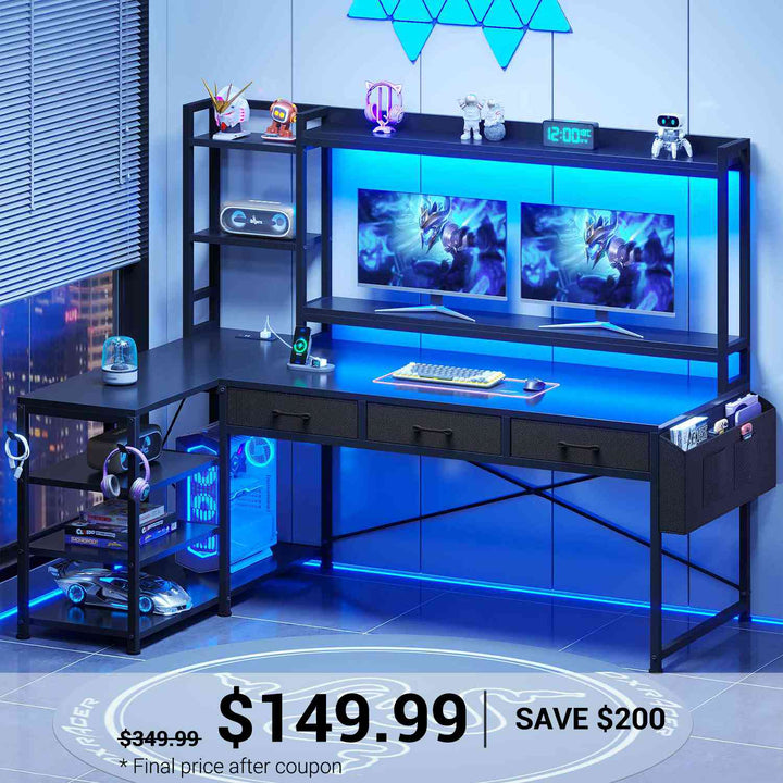 SEDETA 55 Inch Reversible L Shaped Gaming Desk Corner Computer Desk with LED Lights Power Outlets Hutch Drawers and Storage Shelves