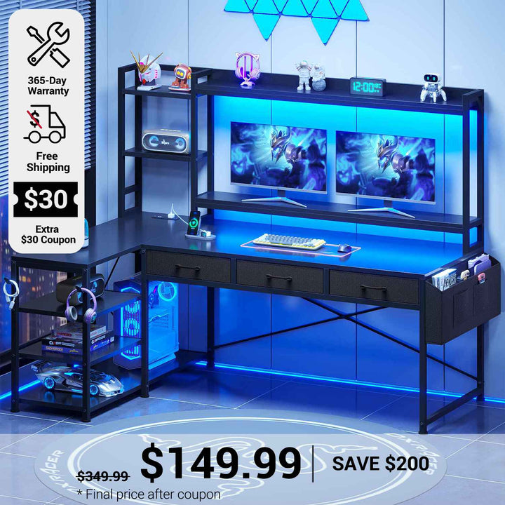 SEDETA 55 Inch Reversible L Shaped Gaming Desk Corner Computer Desk with LED Lights Power Outlets Hutch Drawers and Storage Shelves