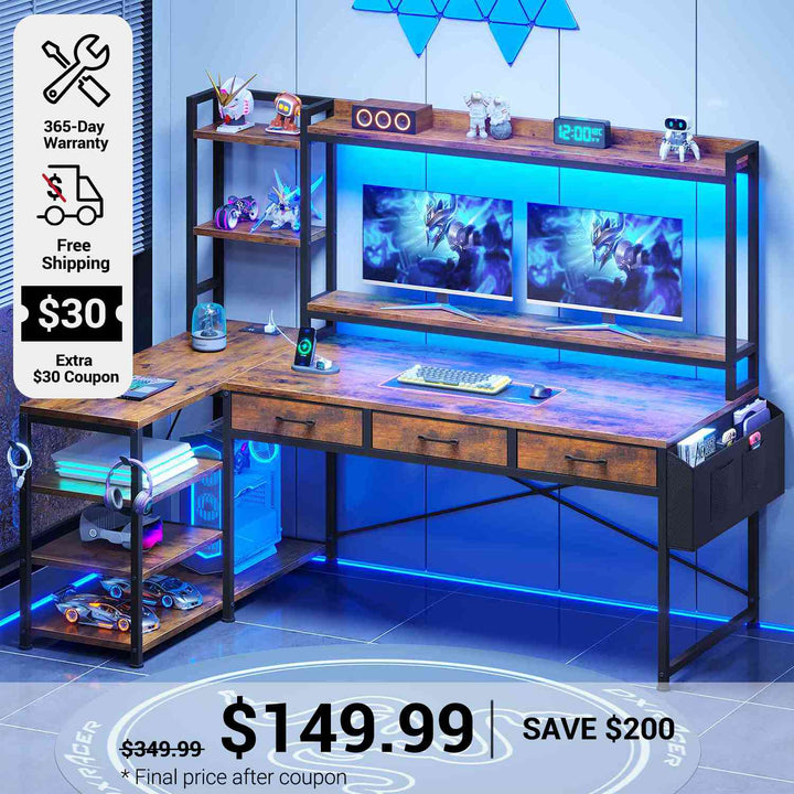 SEDETA 55 Inch Reversible L Shaped Gaming Desk Corner Computer Desk with LED Lights Power Outlets Hutch Drawers and Storage Shelves