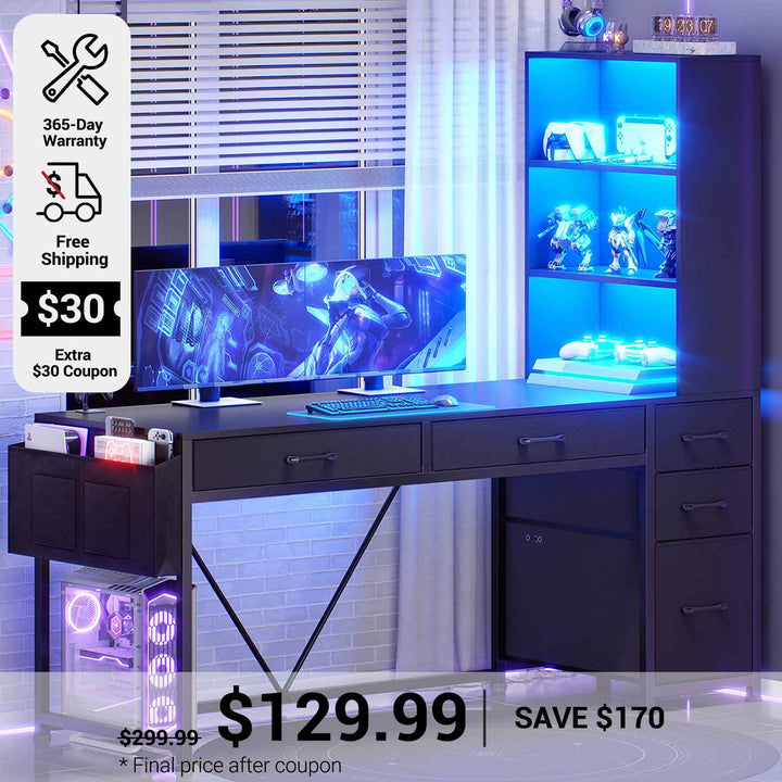 SEDETA 47.2 Inch Reversible Gaming Desk with LED Lights Drawer Storage Bookshelf for Small Spaces