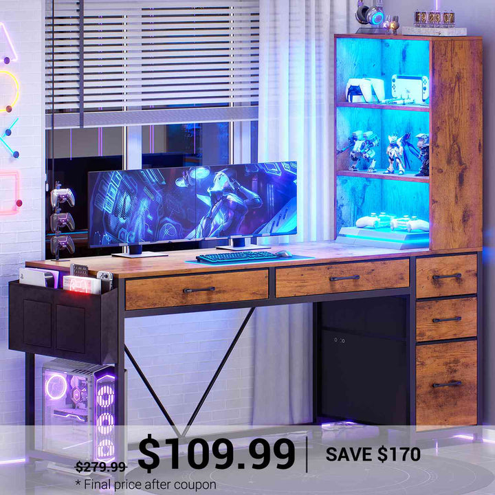 SEDETA® 47.2 Inch Reversible LED Gaming Desk Computer Desk with Storage Shelves and File Drawer for Small Spaces