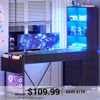 SEDETA | 47.2 Inch LED Gaming Desk Reversible Home Office Desk with 5 Drawers and Bookshelf