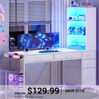 SEDETA 47.2 Inch Reversible Gaming Desk with LED Lights Drawer Storage Bookshelf for Small Spaces