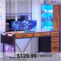 SEDETA 47.2 Inch Reversible Gaming Desk with LED Lights Drawer Storage Bookshelf for Small Spaces