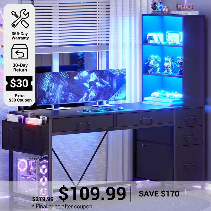 SEDETA® 47.2 Inch Reversible LED Gaming Desk Computer Desk with Storage Shelves and File Drawer for Small Spaces